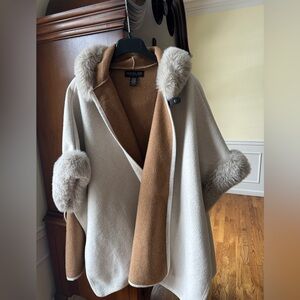 Like new, worn once, oatmeal/chestnut fur trimmed cape/wrap